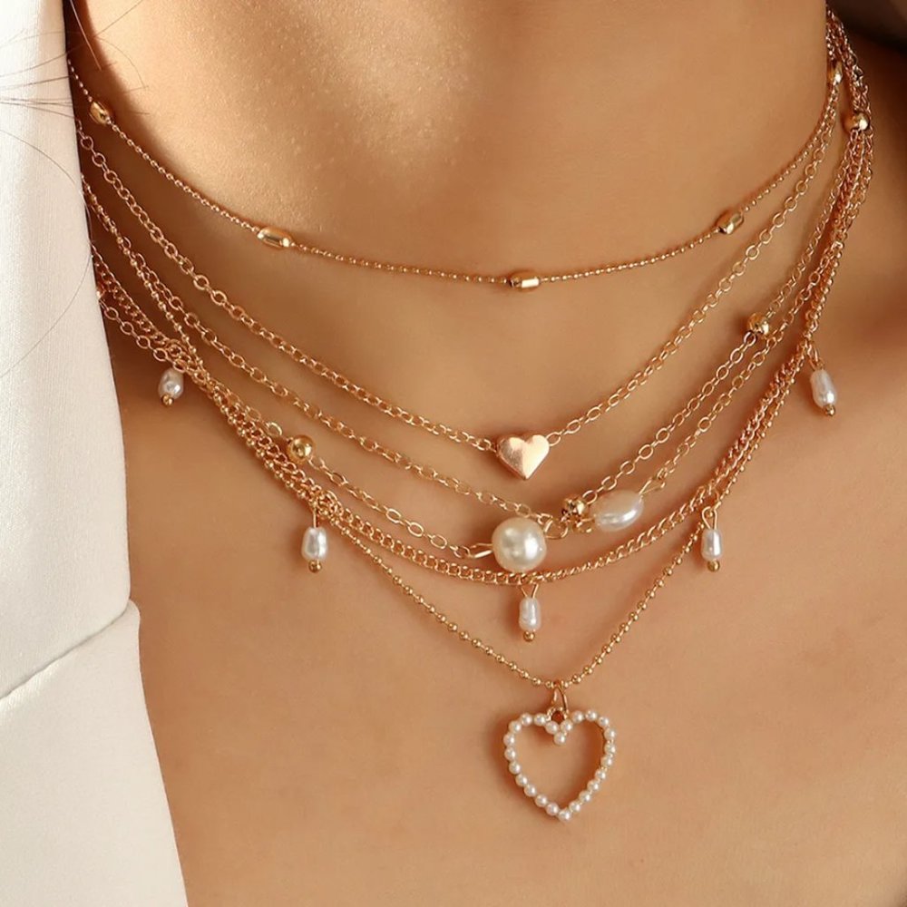 Multi-Layered Gold Link Chain Pearl & Heart 6 Layer‎ Necklace - Elegant, Gift